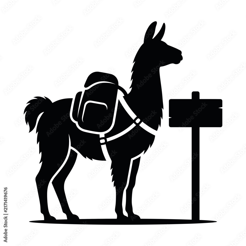 Naklejka premium Llama with hiking backpack standing next to signpost silhouette