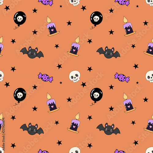 Cute Halloween Seamless Pattern With Bats, Candles, Skulls, Balloons and Candy