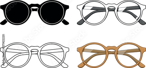Round Eyeglasses and Sunglasses Vector Icon Set with Classic Frame Silhouette and Line Art Variations for Optician Shops Fashion Accessories and Optics Branding