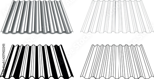Corrugated Roof Sheet Vector Icon Set with Metal Profile Silhouette and Line Art Symbols for Building Construction Architecture and Industrial Materials Designs