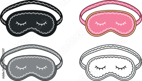 Sleeping Mask Vector Icon Set with Closed Eyes Embroidery Silhouette and Color Variations for Relaxation Travel Spa and Nighttime Wellness Graphic Designs