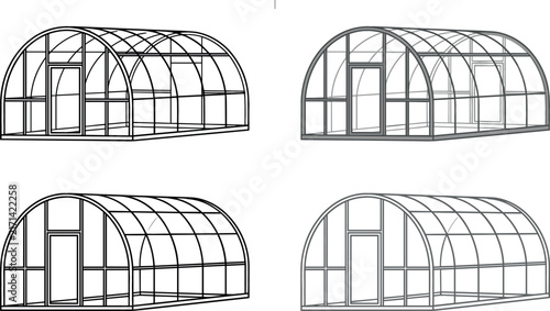 Greenhouse Vector Icon Set with Arched Garden Hothouse Architecture and Line Art Symbols for Agriculture Farming Plant Nursery and Eco Living Designs
