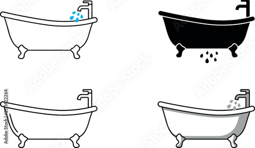Bathtub Vector Icon Set with Vintage Clawfoot Tub Silhouette and Running Water Faucet Symbols for Bathroom Interior Luxury Hotel and Plumbing Designs