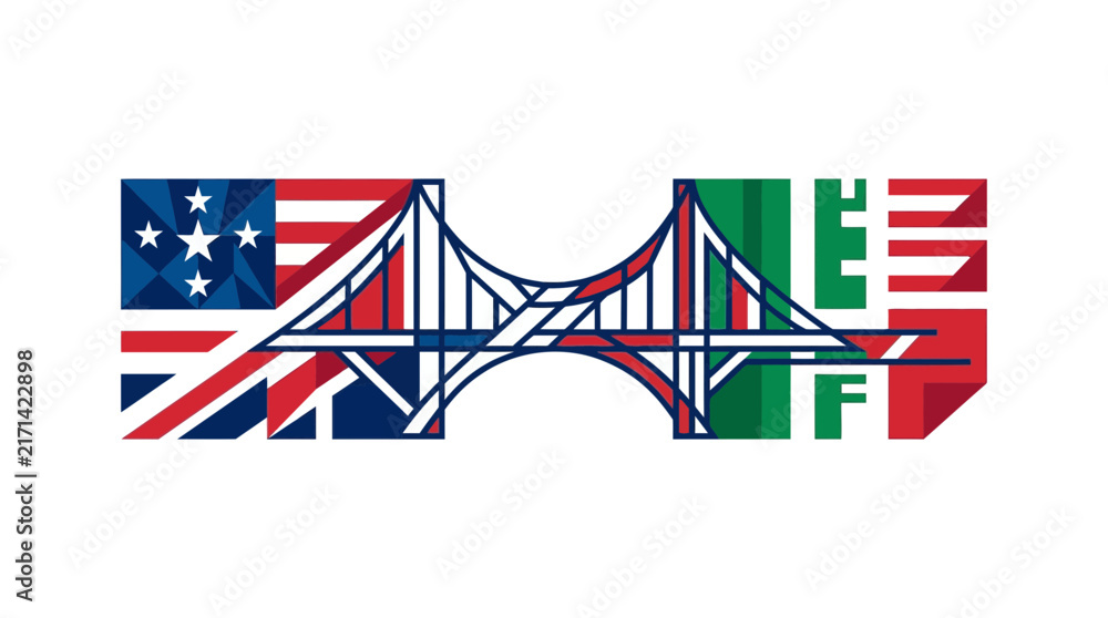 Naklejka premium Abstract Bridge Graphic Connecting Two National Flags Illustration