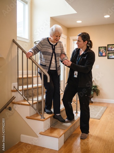 Caregiver assisting senior woman walking down stairs at home for safety and support