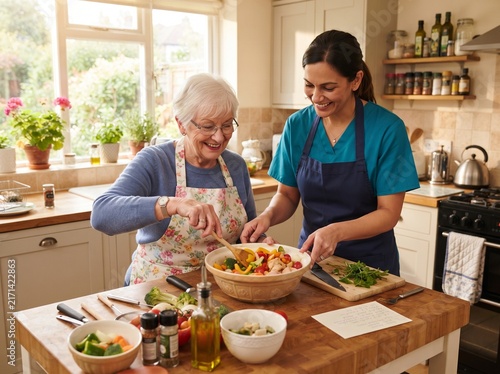 Caregiver and senior woman preparing healthy salad in home kitchen together