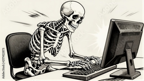 Obraz na płótnie Skeleton types furiously at computer, embodying endless digital work.