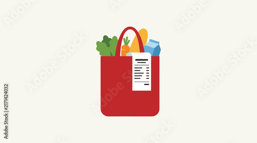 Fotografía Red shopping bag filled with groceries and a receipt, flat design illustration o