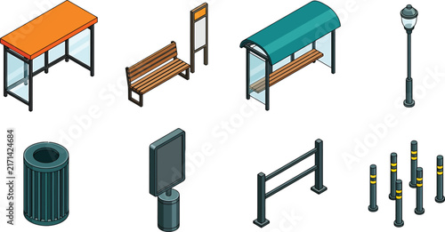 Isometric street furniture set with bus stops benches lamp post trash bin and bollards in vector style