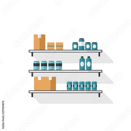 Shelves stocked with food and drink items, including canned goods, boxes, and bottles, suggesting a pantry or retail display setting