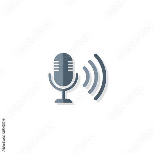Flat vector icon of a classic microphone with broadcasting sound waves, isolated on a white background for audio and podcast themes