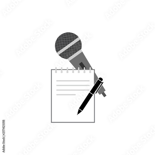 Minimalist journalism icon featuring a microphone, notepad, and pen for news reporting, media publishing, and interview documentation