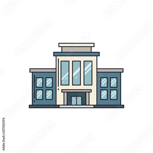 Flat vector illustration of a modern government building or corporate headquarters icon representing policy making and public administration