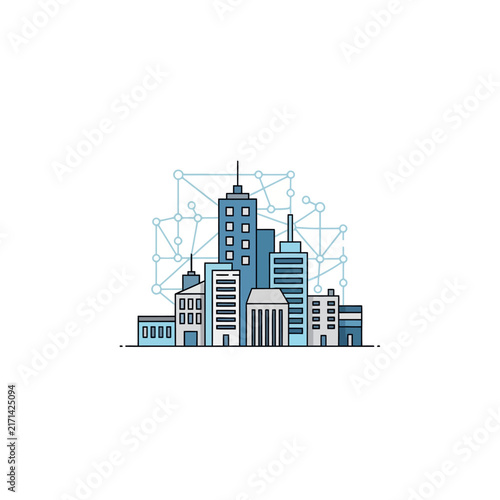 Simple Urban Planning Concept with Connected City Buildings and Digital Network Illustration for Smart City Development and Modern Infrastructure