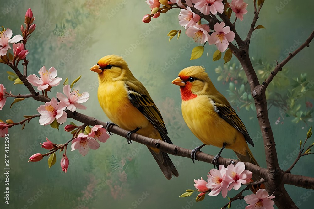 Obraz premium ellow and Red Birds Perched on Blooming Spring Tree Branch with Pink Flowers, Colorful Songbirds in a Vibrant Garden Scene, Fresh Seasonal Nature, Beautiful Floral Background and Wildlife Harmony