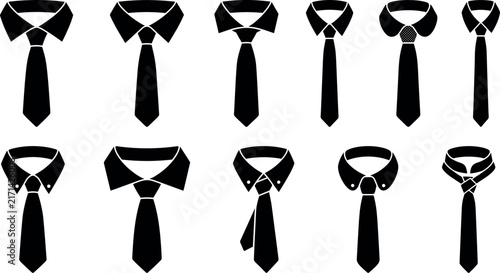 Black necktie and shirt collar silhouette vector icon set representing formal business suit dress code corporate fashion professional gentleman wear