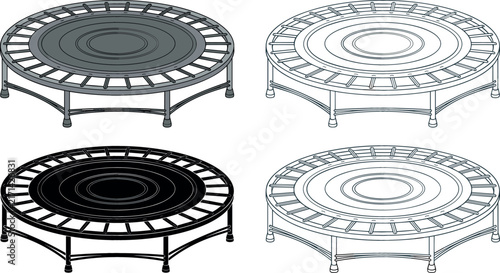 Round Fitness Trampoline Vector Icon Set Featuring Mini Rebounder Equipment in Color Grayscale Black Silhouette and Simple Line Art Outline Styles