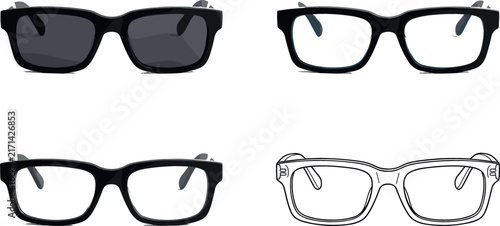 Eyeglasses and Sunglasses Vector Icon Set Featuring Classic Square Horn Rimmed Eyewear Frames in Dark Lenses, Clear Optical Glass, and Outline Styles