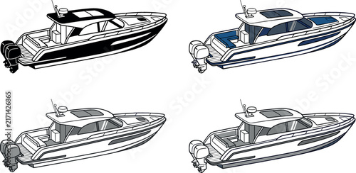 Modern Speedboat Powerboat Vector Icon Set Featuring Luxury Motor Yacht Designs with Outboard Motors in Color, Silhouette, Grayscale, and Clean Outline Styles