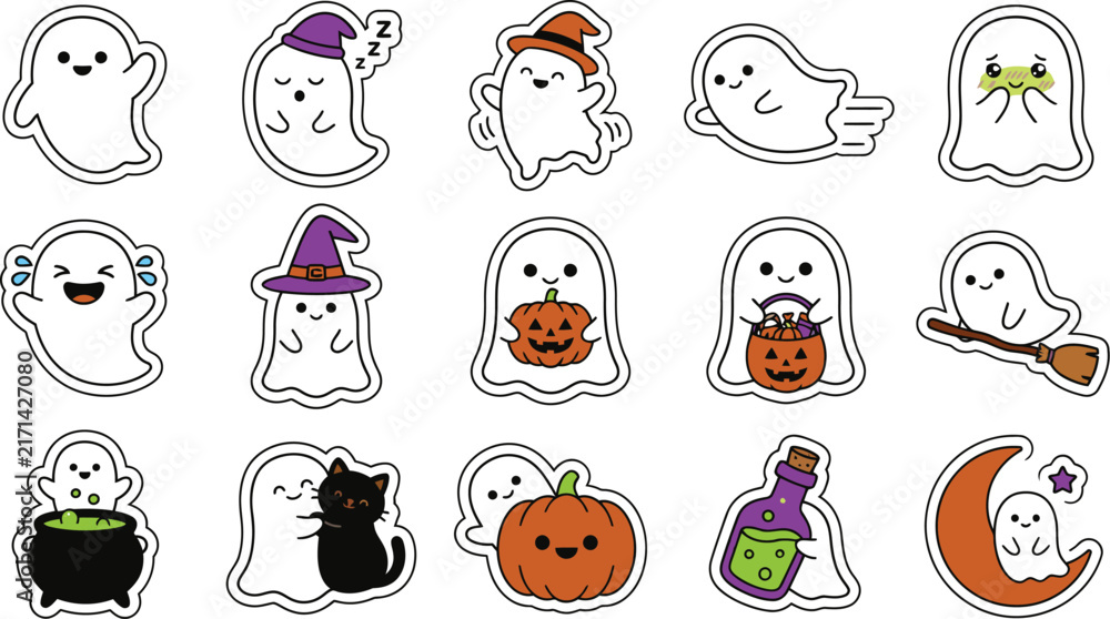 Fototapeta premium Cute cartoon ghost stickers for halloween