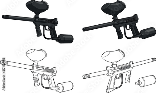 Paintball Marker Gun Vector Icon Set Featuring Extreme Sports Equipment with Loader Hopper and Air Tank in Grayscale and Line Outline Styles