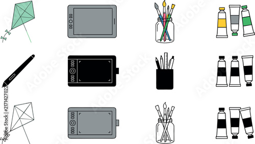 Art Supplies and Graphic Design Tools Vector Icon Set Featuring Graphics Tablet, Paint Brushes, Acrylic Tubes, and Kite Symbols in Color and Silhouette
