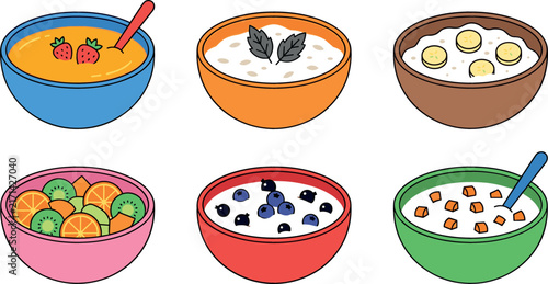 Healthy Breakfast Bowl Vector Icon Set Featuring Oatmeal, Yogurt, Fruit Salad, and Smoothie Bowls with Berries and Bananas for Nutrition Designs