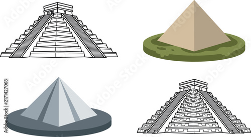 Ancient Pyramids Vector Icon Set Featuring Egyptian Giza Pyramid and Mayan Chichen Itza Step Temple in Outline, Color, and 3D Isometric Styles