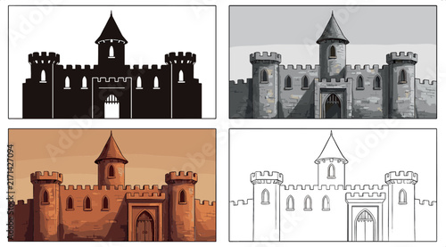 Medieval Castle Fortress Vector Icon Set Featuring Ancient Stone Palace Designs in Color, Detailed Grayscale, Black Silhouette, and Simple Outline Styles