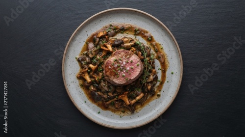 Overhead Shot Single Seared Veal Medallion Wild Mushroom Ragout Swirl Plate Isolated Dark Surface

