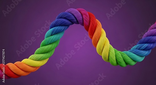 Colorful rainbow twisted rope creating an arched curve on purple