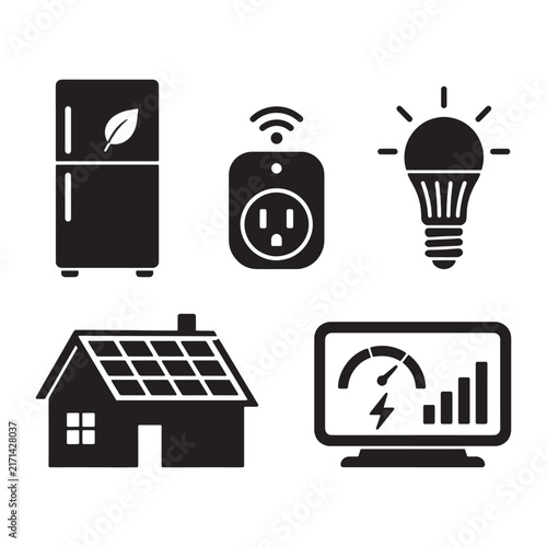 Smart home and energy saving black silhouette icons set with electricity efficiency technology