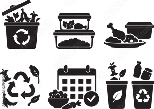 Set of black silhouette icons illustrating food waste and organic recycling concepts with recycling