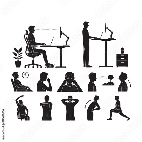 Office ergonomic seating posture and stretching exercises silhouette icons set with ergonomics