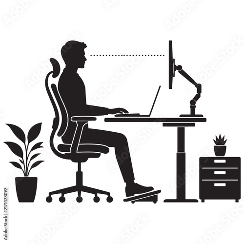 Ergonomic office workstation silhouette with proper posture and seating position