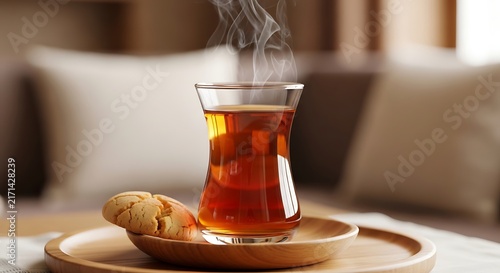 Steaming glass of tea and a round cookie on a wooden saucer