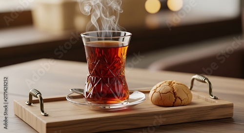 Steaming glass of traditional tea and cookie on a wooden tray