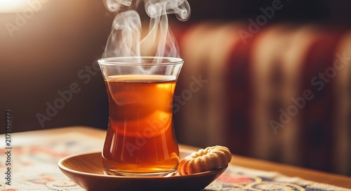 Steaming glass of hot tea served with a delicate cookie indoors