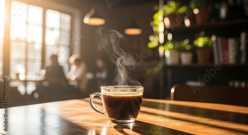 Steaming coffee cup on a wooden table inside a cozy cafe