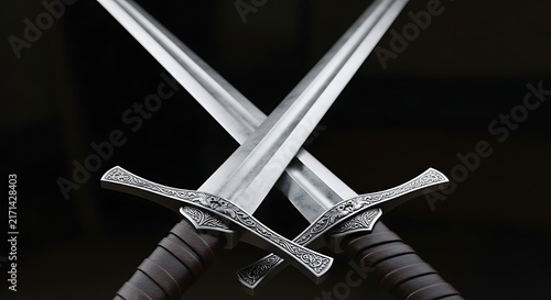 Two crossed historical swords with detailed hilts and sharpened blades