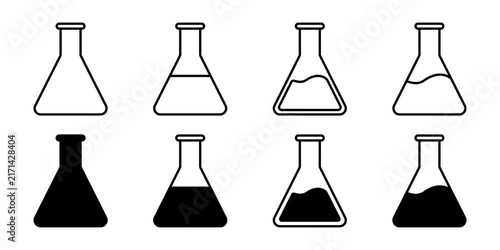 Laboratory flask icon set vector science chemistry beaker line art and solid glyph style