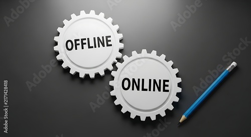 Two gears labeled offline and online with a blue pencil