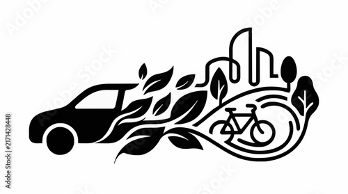 World Car Free Day Concept with a Car Silhouette Transforming into Green Leaves and a Bicycle