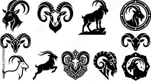 Powerful ram head mascot and goat silhouette logo icon set featuring horned aries sheep animals badges for corporate emblem design