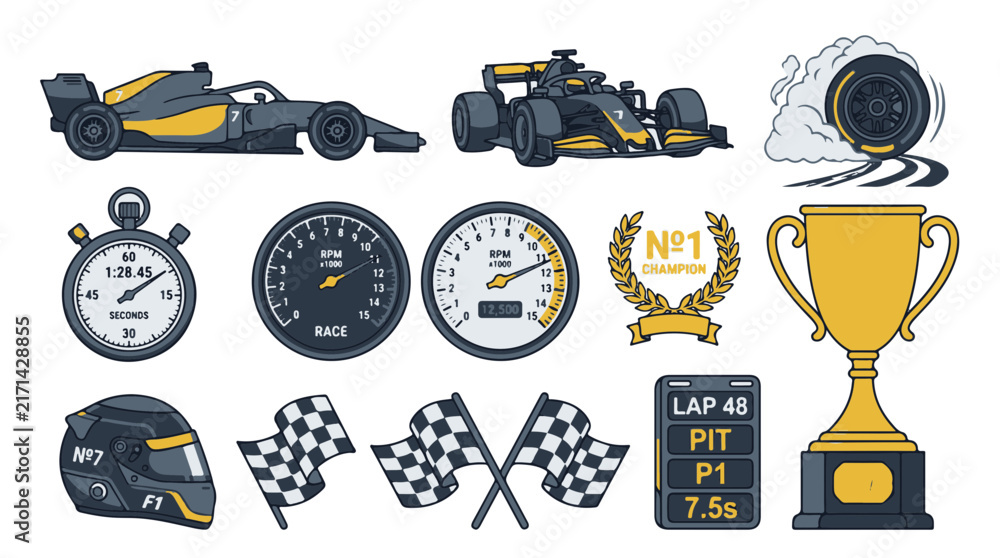 Fototapeta premium Formula 1 Racing Elements Stopwatch Rpm Gauges Helmet Trophy Flags and Car