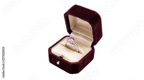Konstfotografi Diamond ring in velvet box isolated on a transparent background