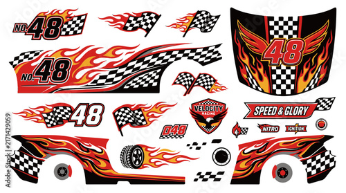 Racing Car Decal Set with Flames Checkered Flags and Number 48