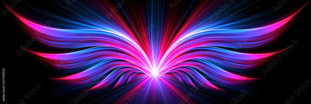 Obraz premium Glowing light wing abstract on black background with neon pink blue purple radiant lines and bright center burst, fantasy energy motion