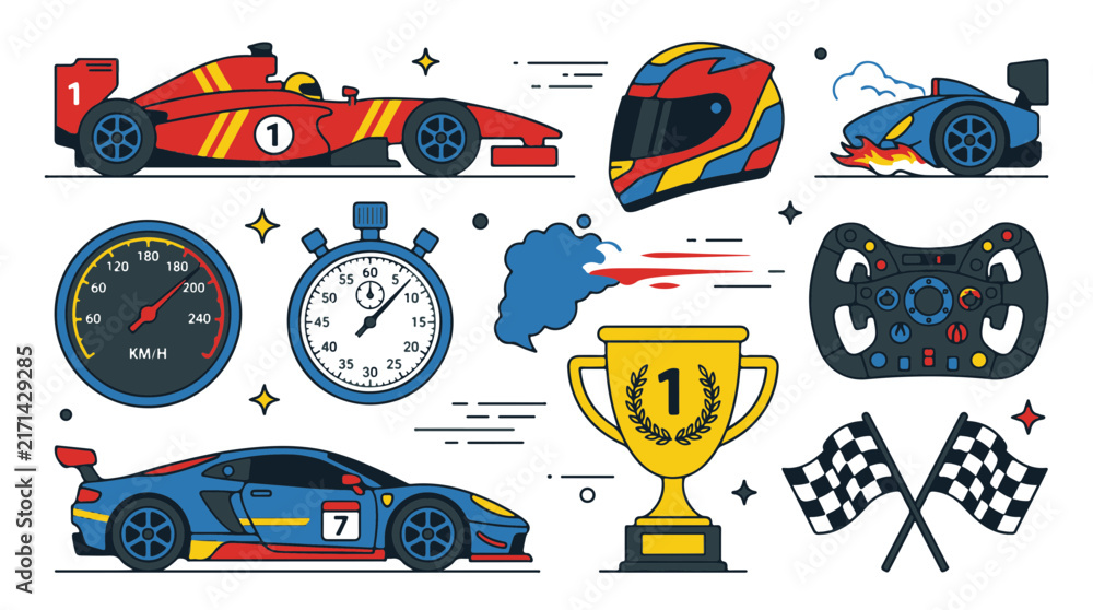 Fototapeta premium Racing Concept with Cars Helmet Trophy Stopwatch and Flags