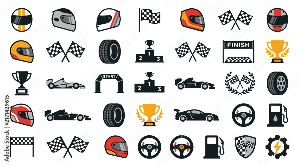 Fototapeta premium Racing Icons Set Helmets Flags Cars Trophies and Track Elements